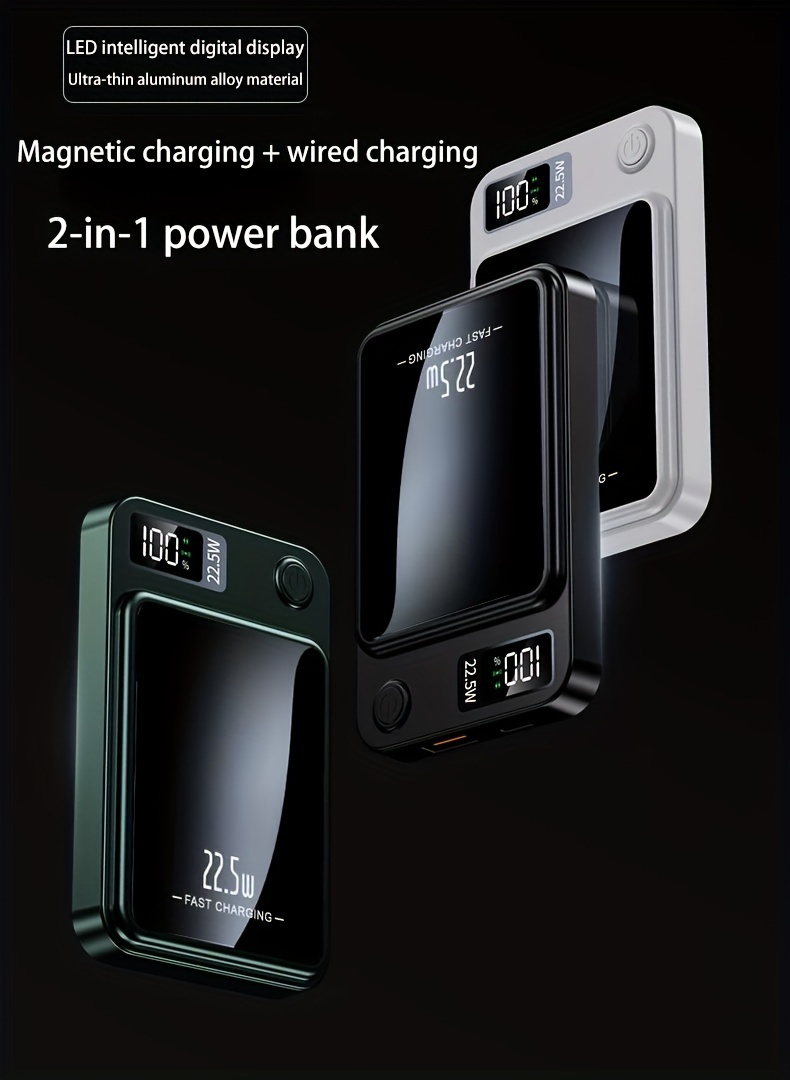 Nowy wzór5000/10000 miliamperów magnetyczna absorpcja bezprzewodowa ładowarka bankowa 22.5W/PD20W odpowiednia dla Apple 15pro/14max/13/12 dla telefonów Android (USB/Type-C) przenośna ładowarka z wyświetlaczem mocy LED do podróży na zewnątrz awaryjne zasilanie mobilne